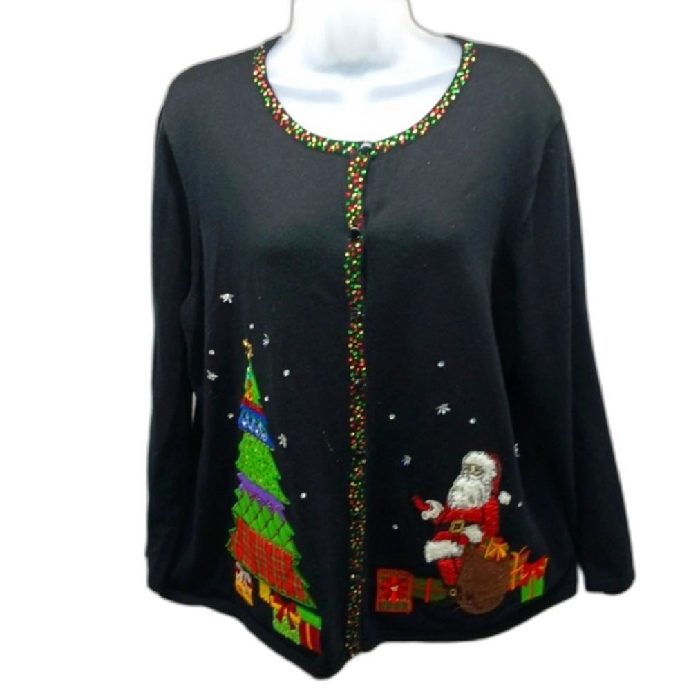 Designer Originals Ugly Christmas Sweater/Cardigan Embellished Women's 1X. Black